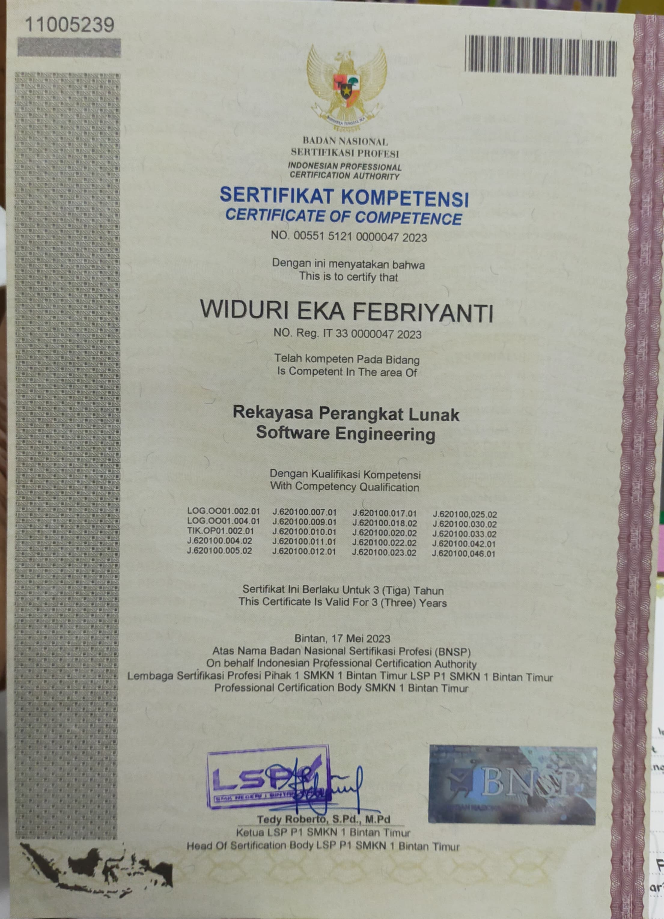 Certificate of competence Software Engineering